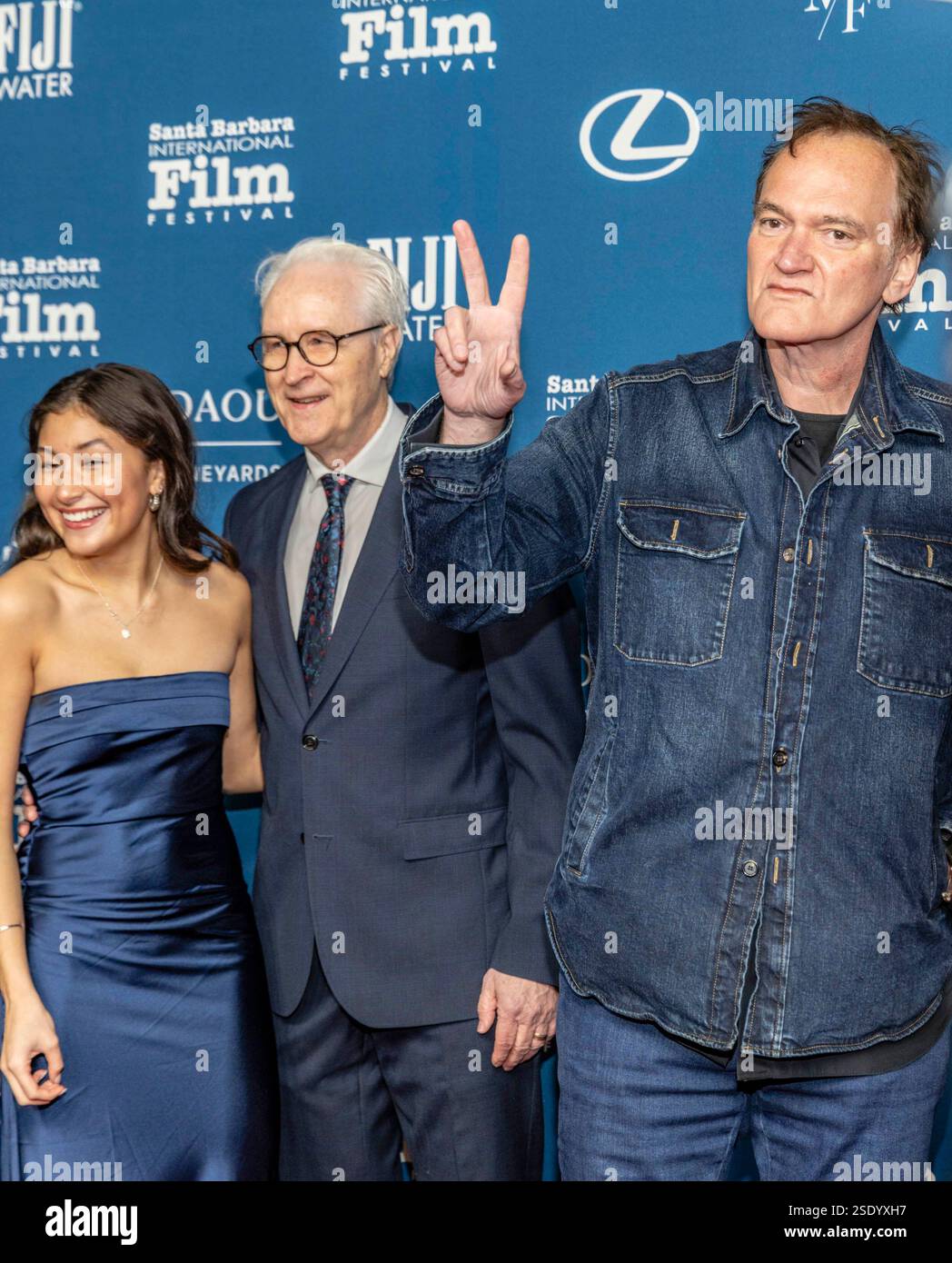 Santa Barbara, États-Unis. 07 février 2025. Le cinéaste Quentin Tarantino arrive au 40e Festival international du film de Santa Barbara pour la première américaine de Horizon : an American Saga-Chapter 2 avec Kevin Costner au Arlington Theatre de Santa Barbara, CA, le 7 février 2025. (Photo de Rod Rolle/Sipa USA) crédit : Sipa USA/Alamy Live News Banque D'Images