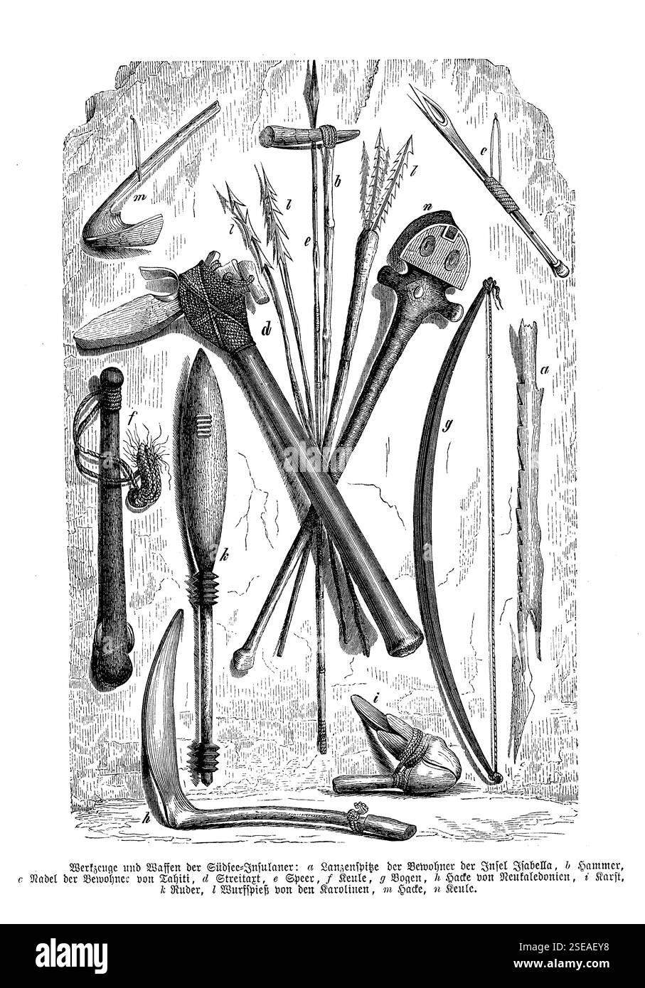 Armes et outils des insulaires indigènes du Pacifique Sud des îles Tahiti, Nouvelle-Calédonie, Caroline et Polynésie Banque D'Images
