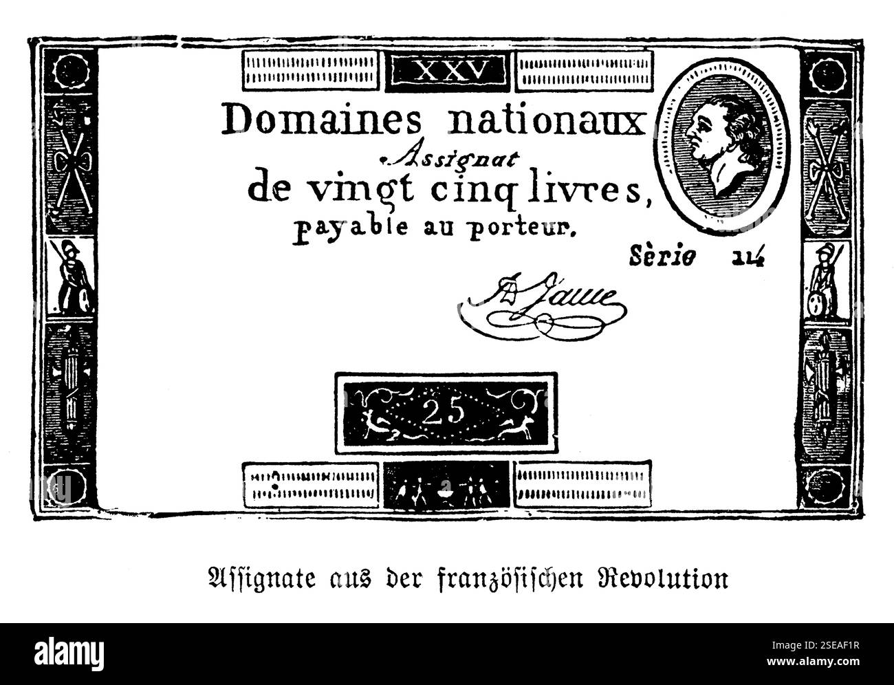 Assignat, papier-monnaie plat certifié de l'endettement pendant la Révolution française adossé à la valeur de la propriété Banque D'Images