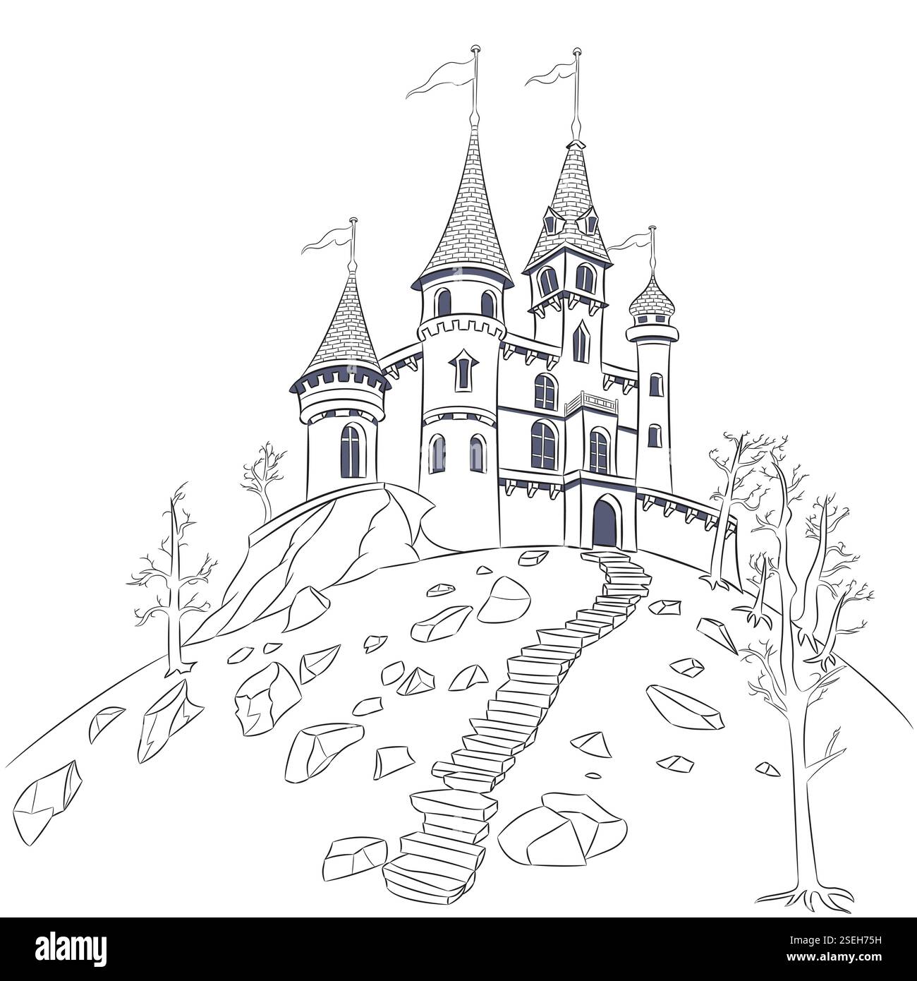 Illustration d'un château médiéval de conte de fées sur une colline Illustration de Vecteur