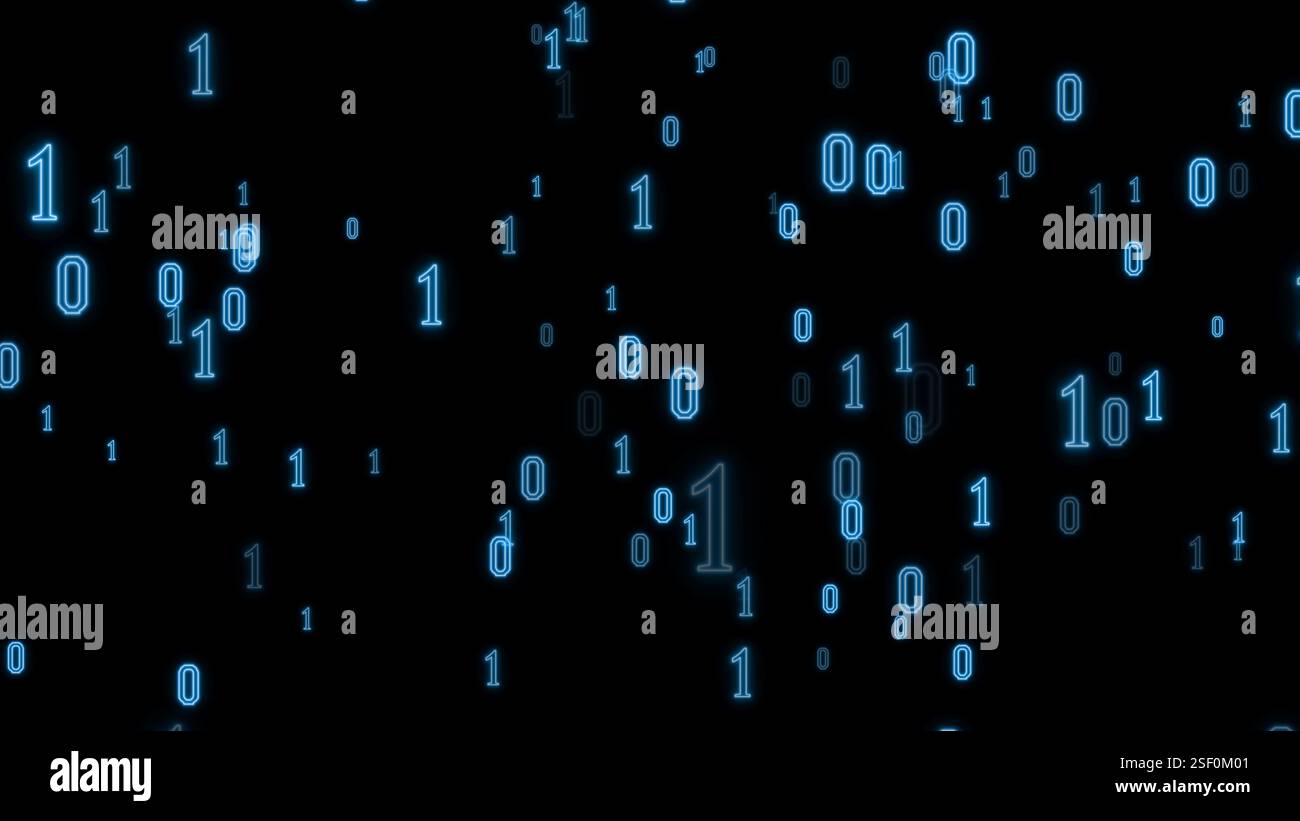bit binaire 1 0 néon bleu avec affichage aléatoire Banque D'Images