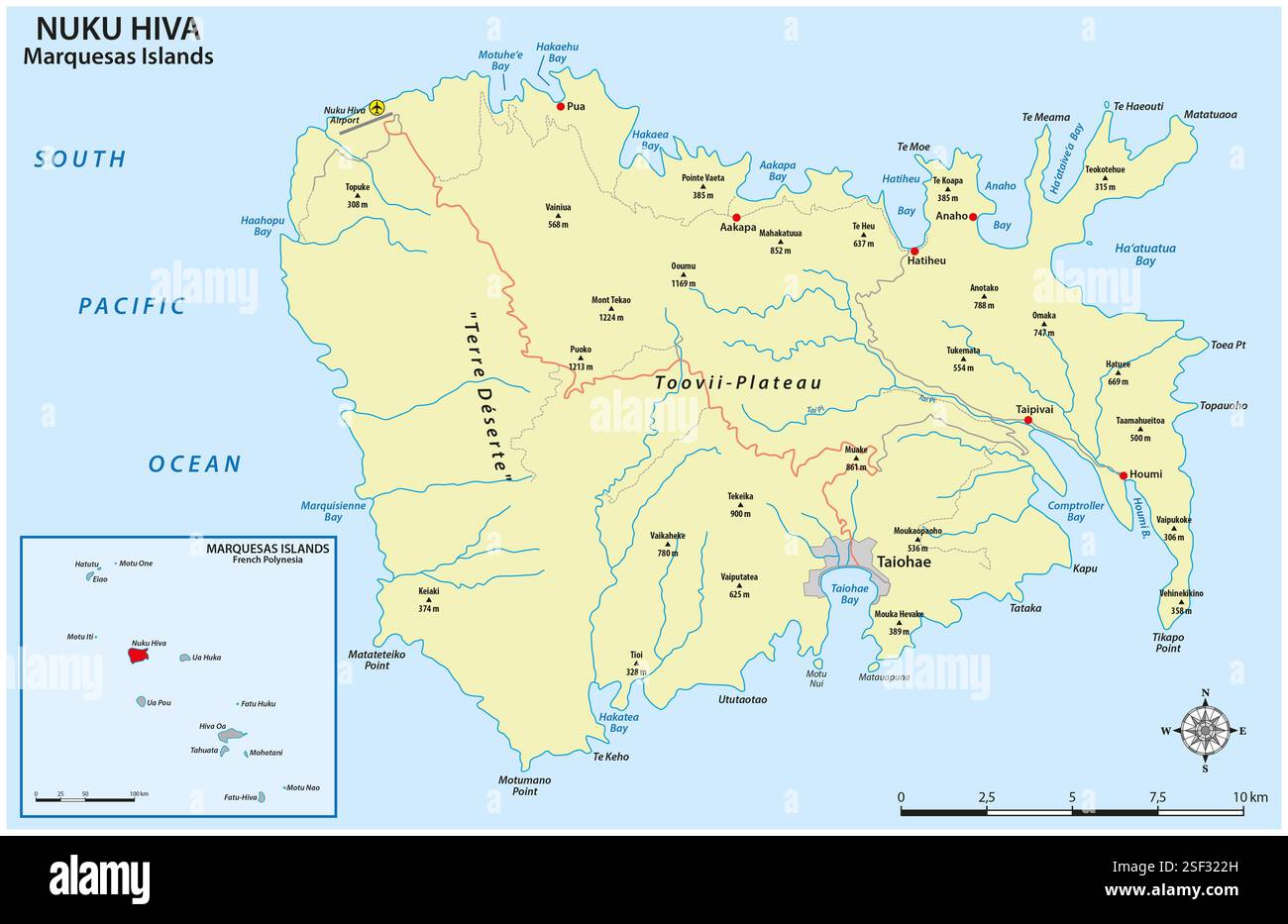 Carte de la plus grande île des Marquises Nuku Hiva, Polynésie française Banque D'Images