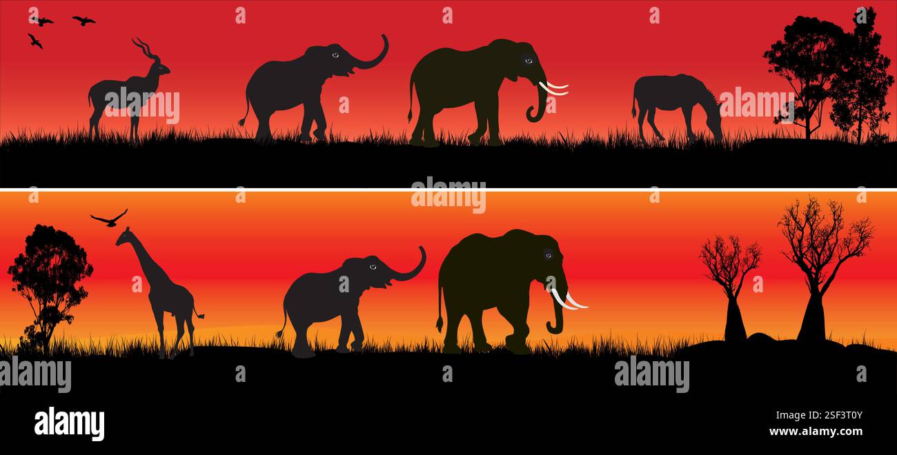 Deux bannières de scène paysagère africaine différente. Éléphants, zèbres, girafe. Illustration de Vecteur