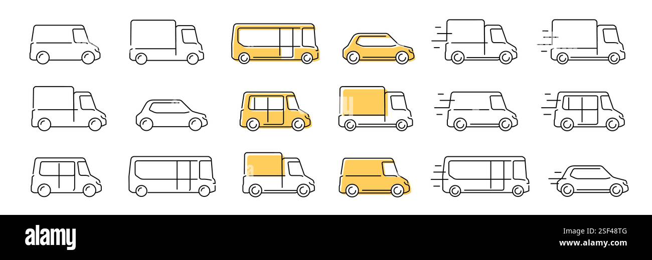 Camion, véhicule de voiture, symbole de bus. Ensemble de transport d'icônes vectorielles linéaires. Livraison de fret, taxi, transport de passagers Illustration de Vecteur