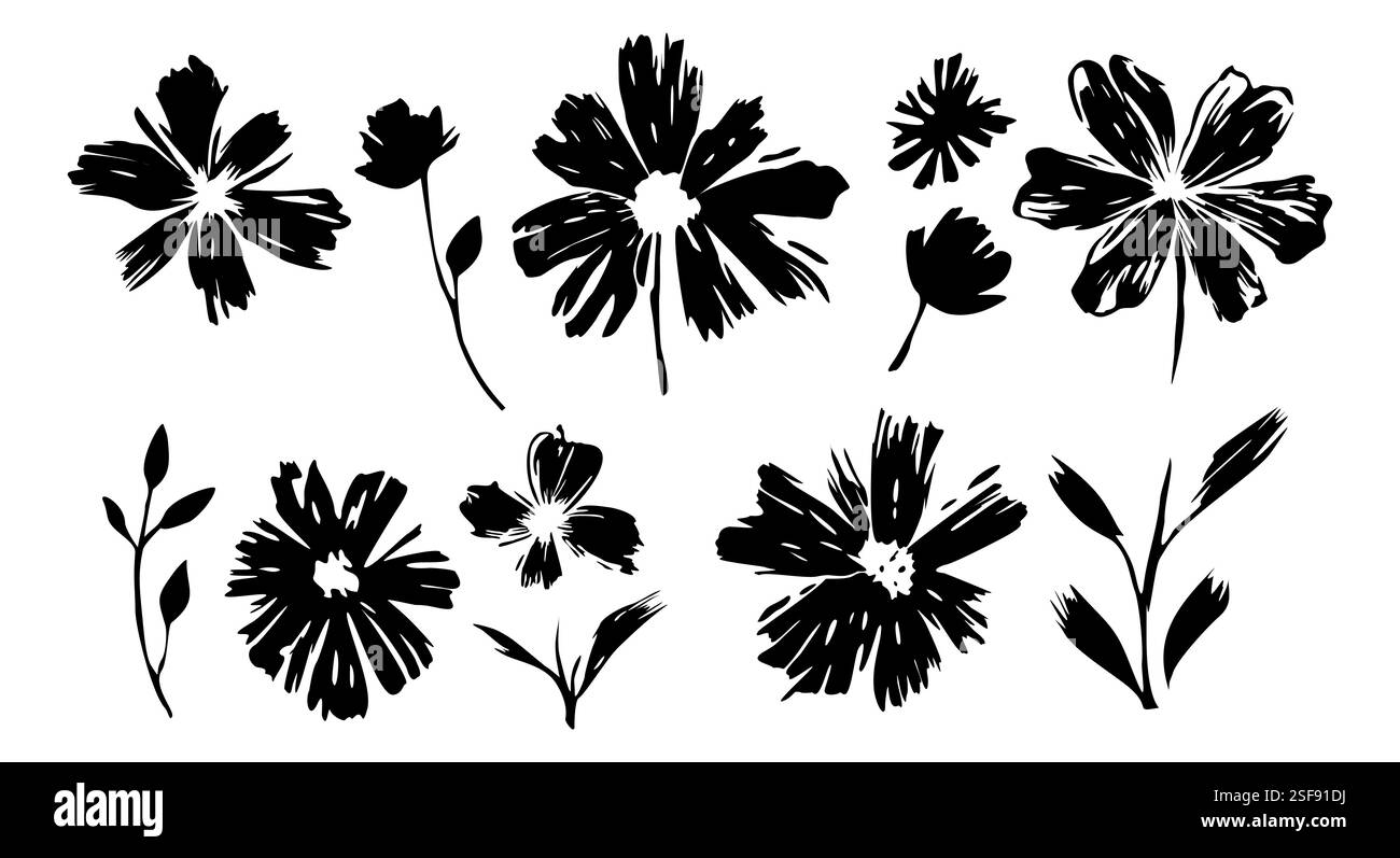 Ensemble de fleurs noires dans le style d'encre de coup de pinceau Illustration de Vecteur