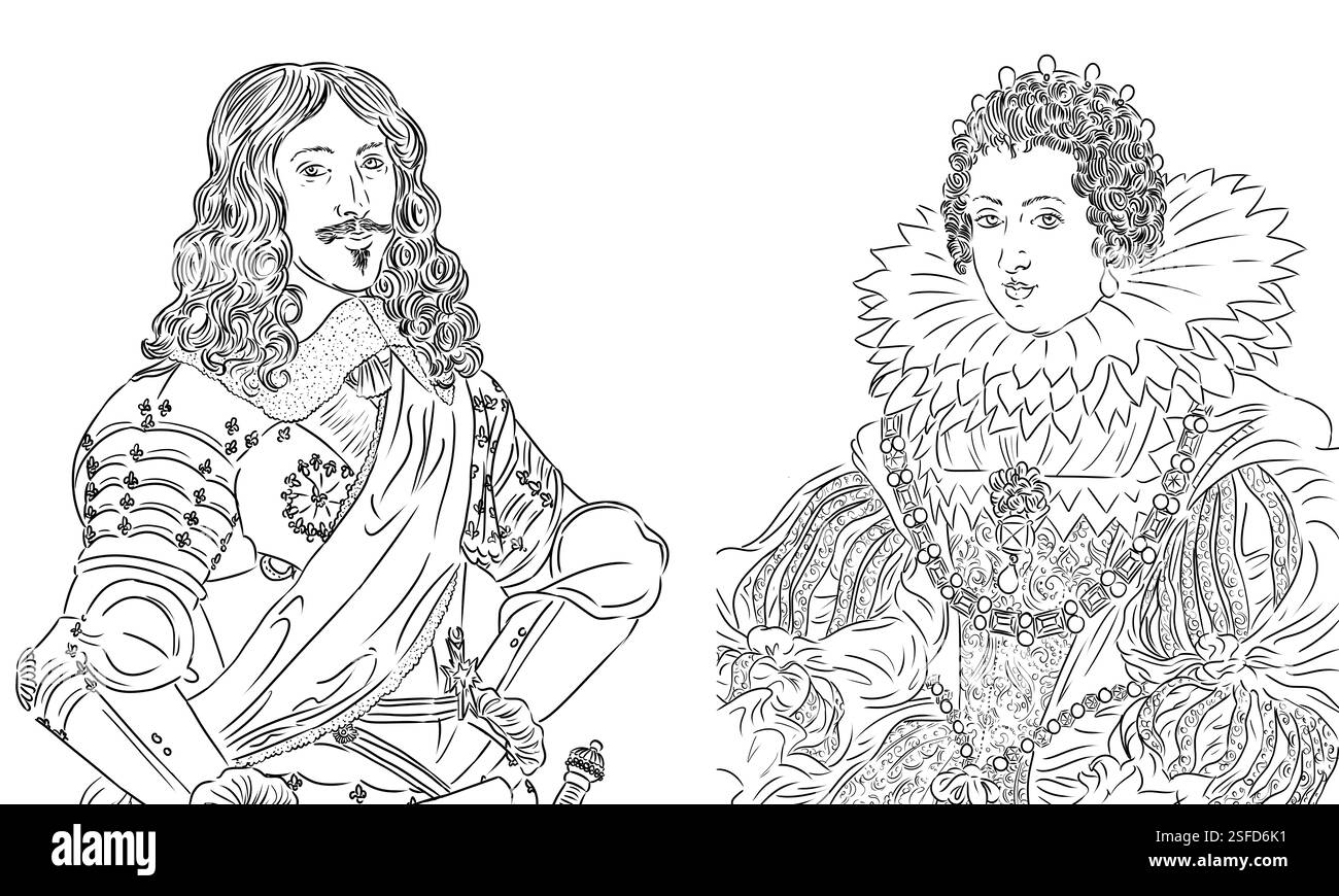 Portraits de Louis 13 Louis XIII et Anne d'Autriche, roi et reine de France, parents de Louis 14 Louis XIV le Roi Soleil Banque D'Images