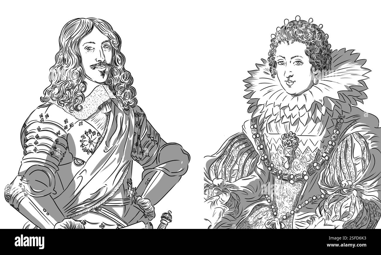 Portraits de Louis 13 Louis XIII et Anne d'Autriche, roi et reine de France, parents de Louis 14 Louis XIV le Roi Soleil Banque D'Images