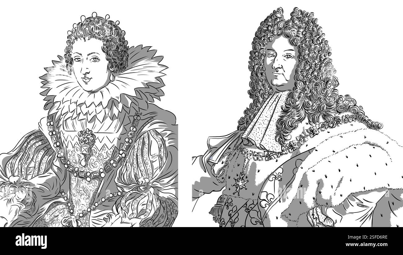 Portraits de Louis 14 Louis XIV le roi soleil et sa mère Anne d'Autriche, roi et reine de France Banque D'Images