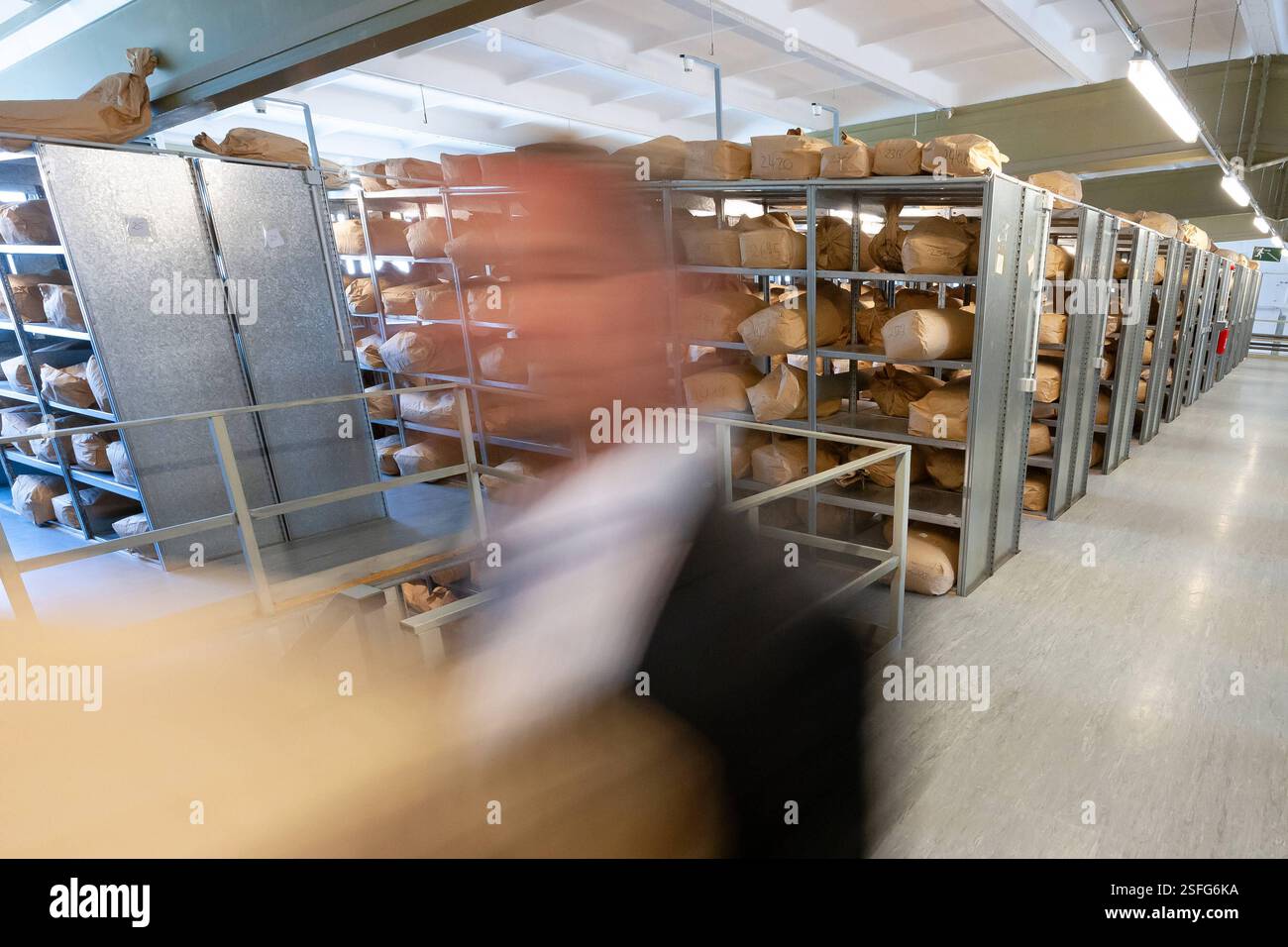 Ein Mitarbeiter transportiert am 23.05.2011 einen Sack mit vernichteten Stasi-Akten in einem Lager der Bundesstelle des Bundesbeauftragten BStU der ehemaligen ostdeutschen Geheimpolizei Stasi in Magdeburg in Saxe-Anhalt. Die Bundesverwaltung lagert à Magdebourg 9,000 Papiersaecke. Die Bundesstelle des Bundesbeauftragten BStU bewahrt in ihrem Archiv die Unterlagen des Ministeriums fuer Staatssicherheit der DDR auf und stellt diese unter Einhaltung strenger gesetzlicher Vorschriften Privatpersonen, Institutionen und der Oeffentlichkeit fuer verschiedene Zwecke zur Verfuegung. Un employé tran Banque D'Images