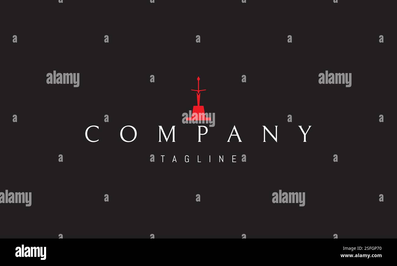 Logo rouge vectoriel avec une image abstraite d'une épée sur le fond d'une enclume. Illustration de Vecteur