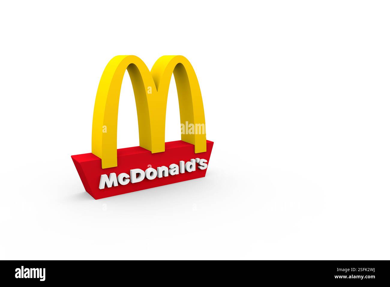 Iitaly, vers janvier 2024 : rendu 3D du logo mcdonald's, avec des arcs dorés et une base trapézoïdale rouge avec texte blanc, isolé sur un blanc Banque D'Images