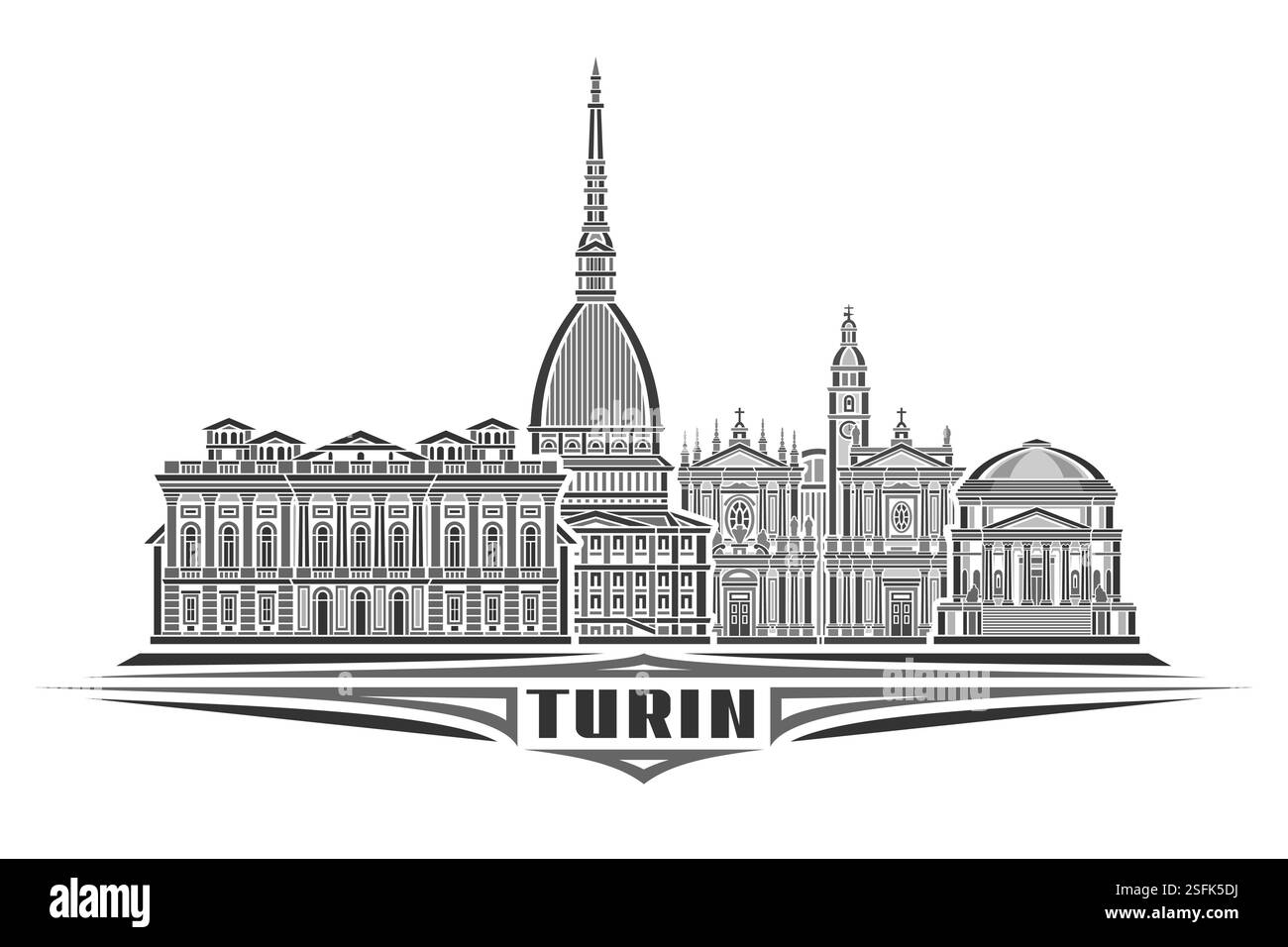 Illustration vectorielle de Turin, carte horizontale monochrome avec design linéaire célèbre paysage de la ville de turin, concept historique urbain d'art de ligne avec décoratif Illustration de Vecteur