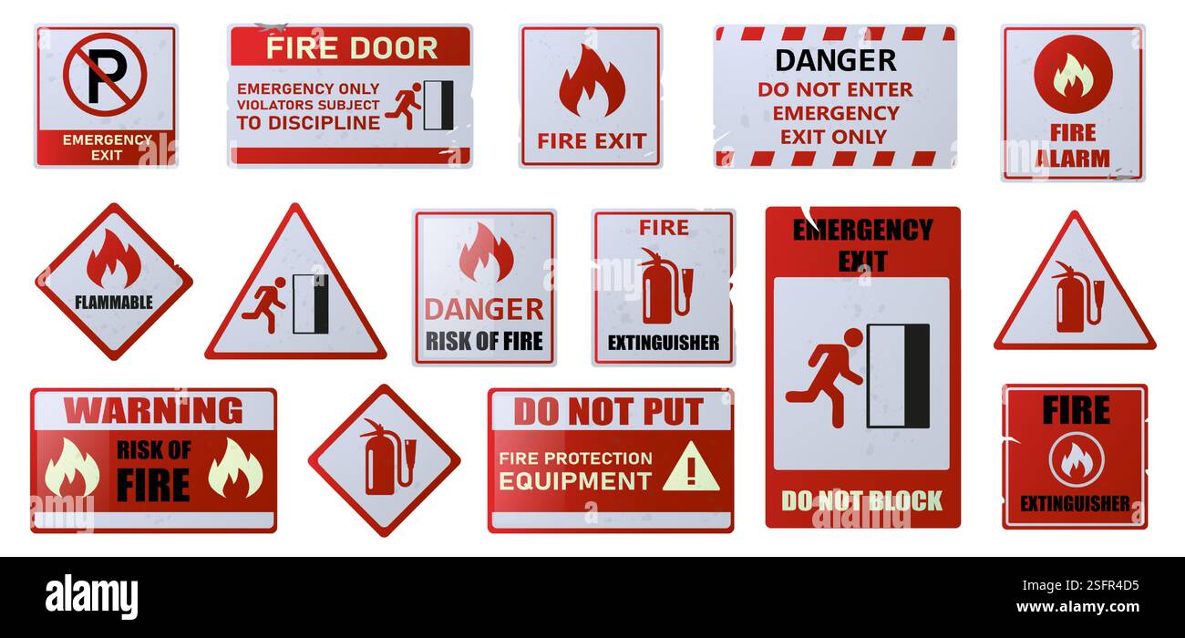 Autocollant de sécurité incendie. Panneaux d'avertissement d'évacuation d'urgence, avis d'équipement de premiers soins, point de rassemblement incendie, icônes d'alarme d'extincteur. Autocollant de sécurité Vector Illustration de Vecteur