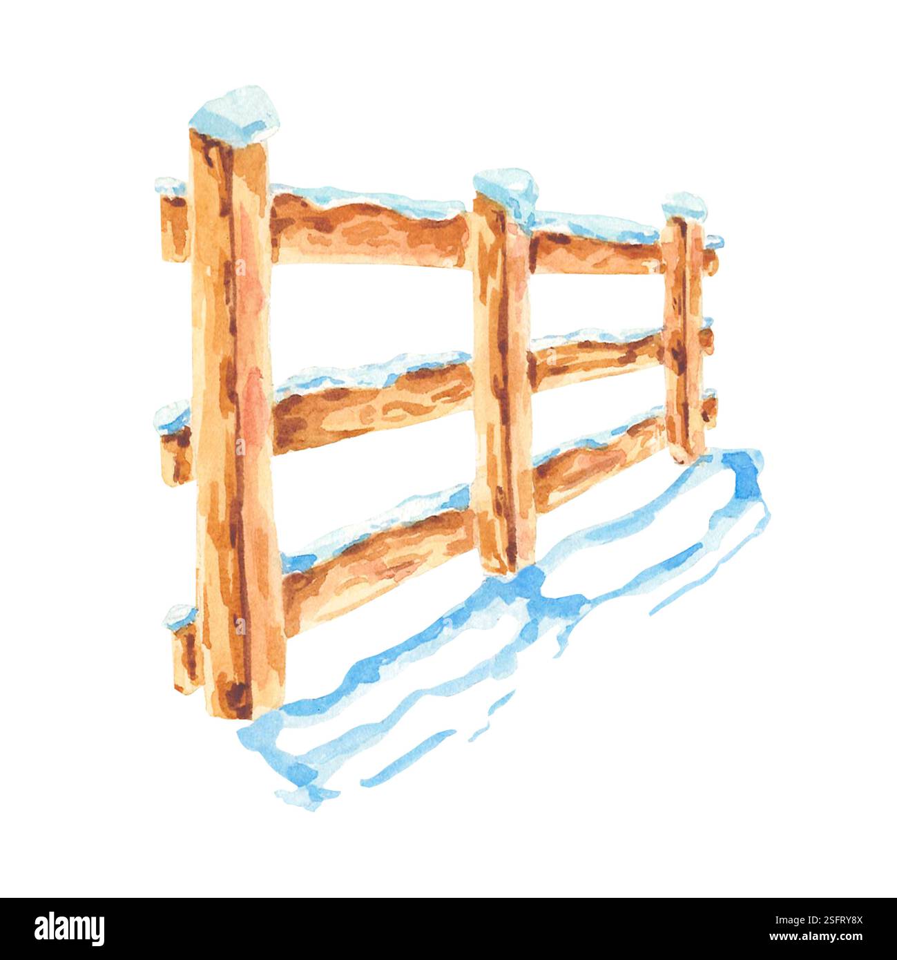 Clôture en bois dans l'illustration aquarelle des drifts de neige. Dessiné à la main comme un élément de paysage pour une utilisation dans la création de paysages, de motifs, de scènes d'hiver composit Banque D'Images