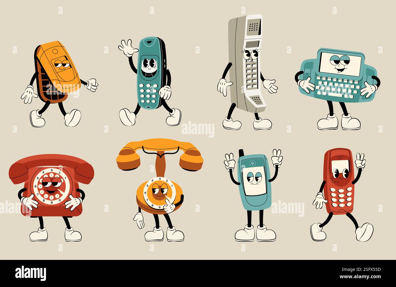 Caractères rétro du téléphone. Dispositifs téléphoniques vintage de dessin animé avec des visages, de vieux téléphones commutés et des gadgets sans fil rétro avec des expressions drôles. Vecteur iso Illustration de Vecteur