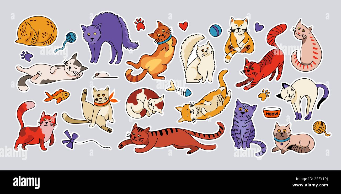Autocollants pour chats griffonnés. Chatons de dessin animé mignons avec des émotions drôles, animaux comiques heureux avec des visages différents et des poses de chat. Ensemble de chaton coloré vectoriel. Illustration de Vecteur