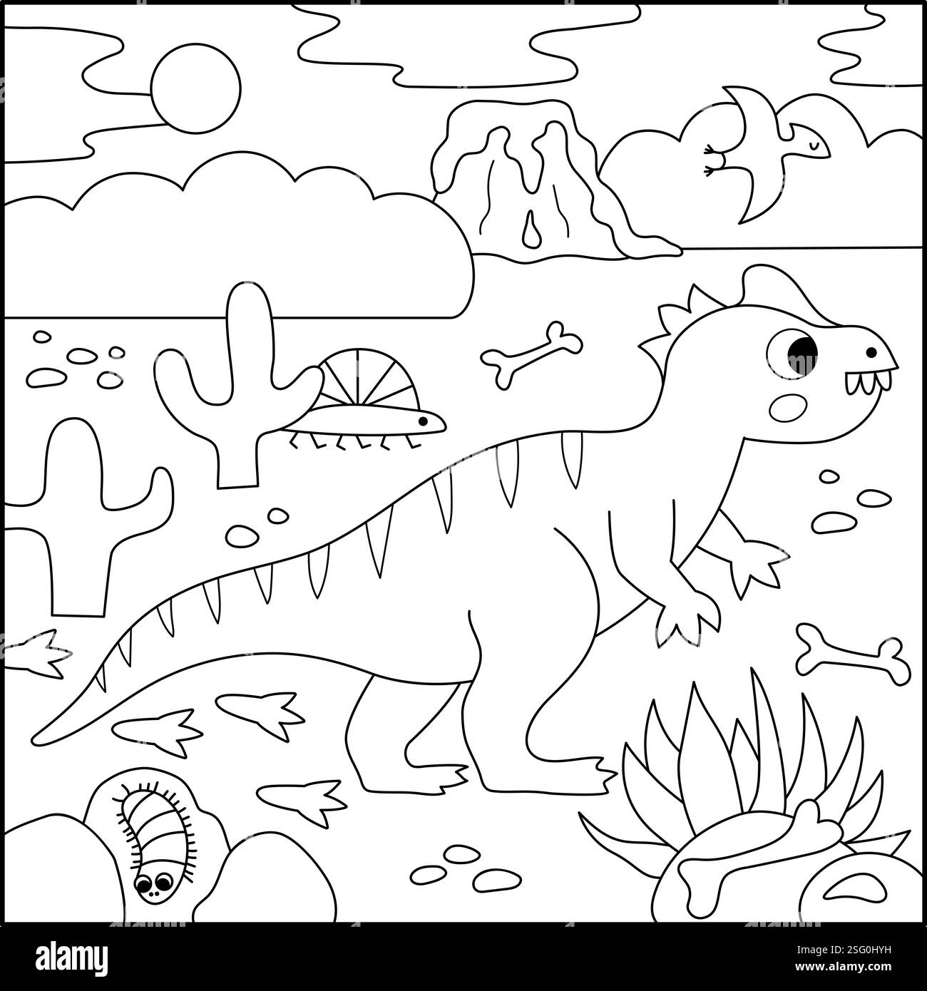 Vecteur carré scène noir et blanc avec allosaurus. Illustration de paysage de dinosaure. Page de coloriage préhistorique ligne mignonne avec désert, os, volcan, Illustration de Vecteur