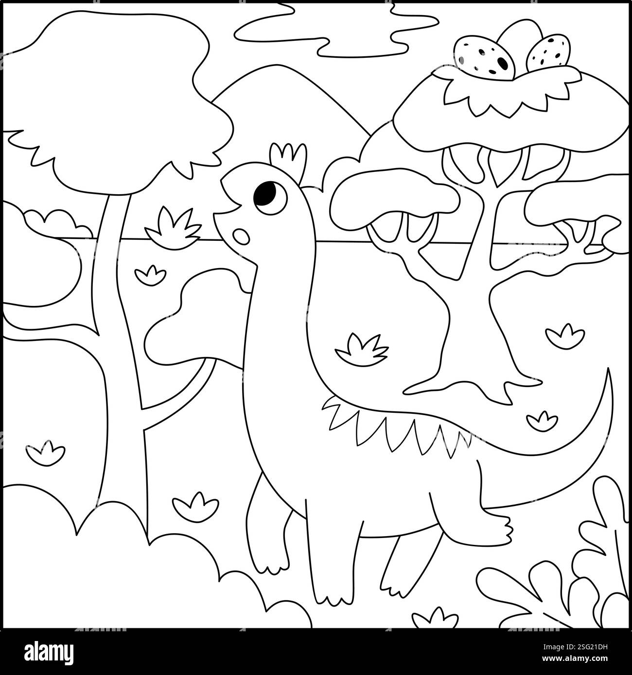 Scène noire et blanche carrée vectorielle avec des feuilles mangeant des brachiosaur de haut arbre. Illustration de paysage de ligne de dinosaure. Coloration préhistorique mignonne pag Illustration de Vecteur