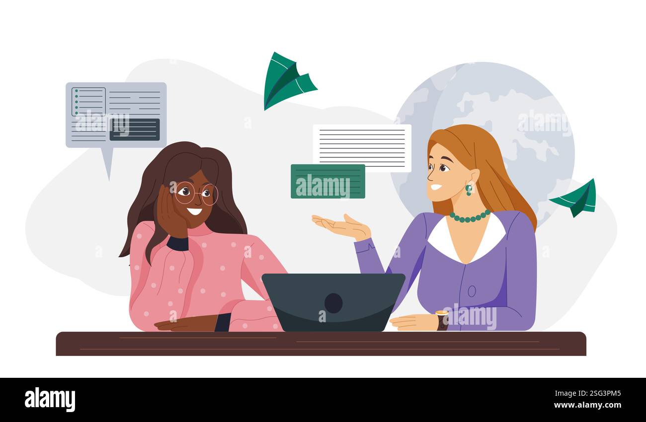 Étudiants regardant le webinaire. Deux femmes assises avec un ordinateur portable. Enseignement et apprentissage à distance, formation. Cours et conférences universitaires ou collégiaux éloignés Illustration de Vecteur