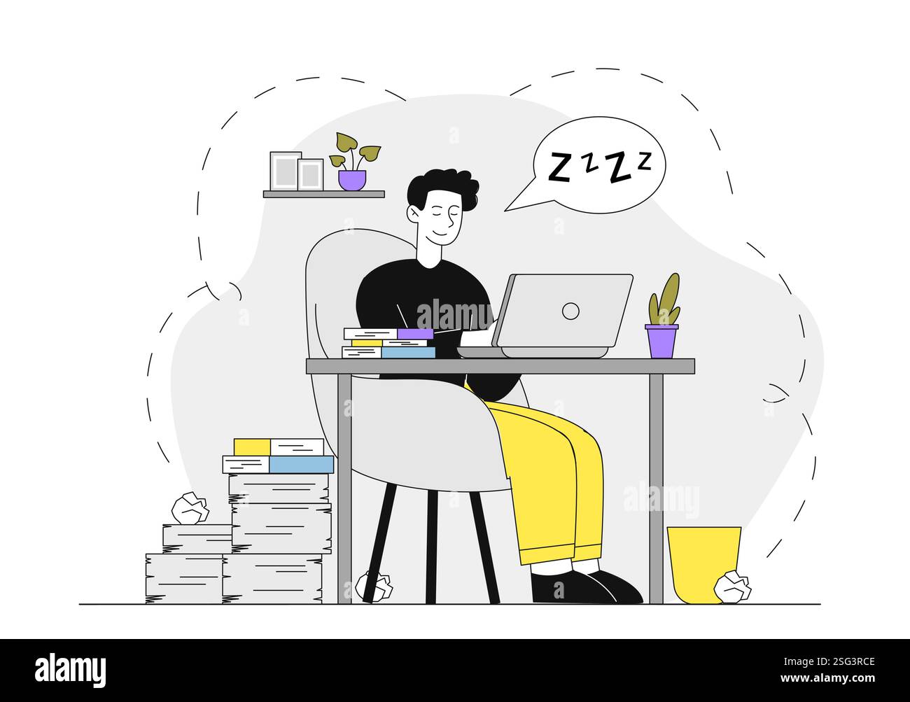 L'homme dort au travail. Jeune homme avec un ordinateur portable dormant sur son lieu de travail. Épuisement émotionnel et troubles mentaux. Travailleur paresseux. Dépression et frustration Illustration de Vecteur