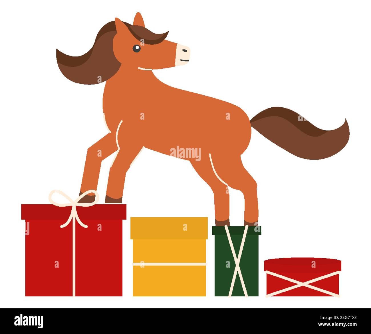 Un cheval brun marchant sur des boîtes cadeaux colorées. Thème festif de Noël ou d'anniversaire avec cadeaux emballés. Illustration plate vectorielle simple, noël, carte d'anniversaire, bannière, affiche Illustration de Vecteur