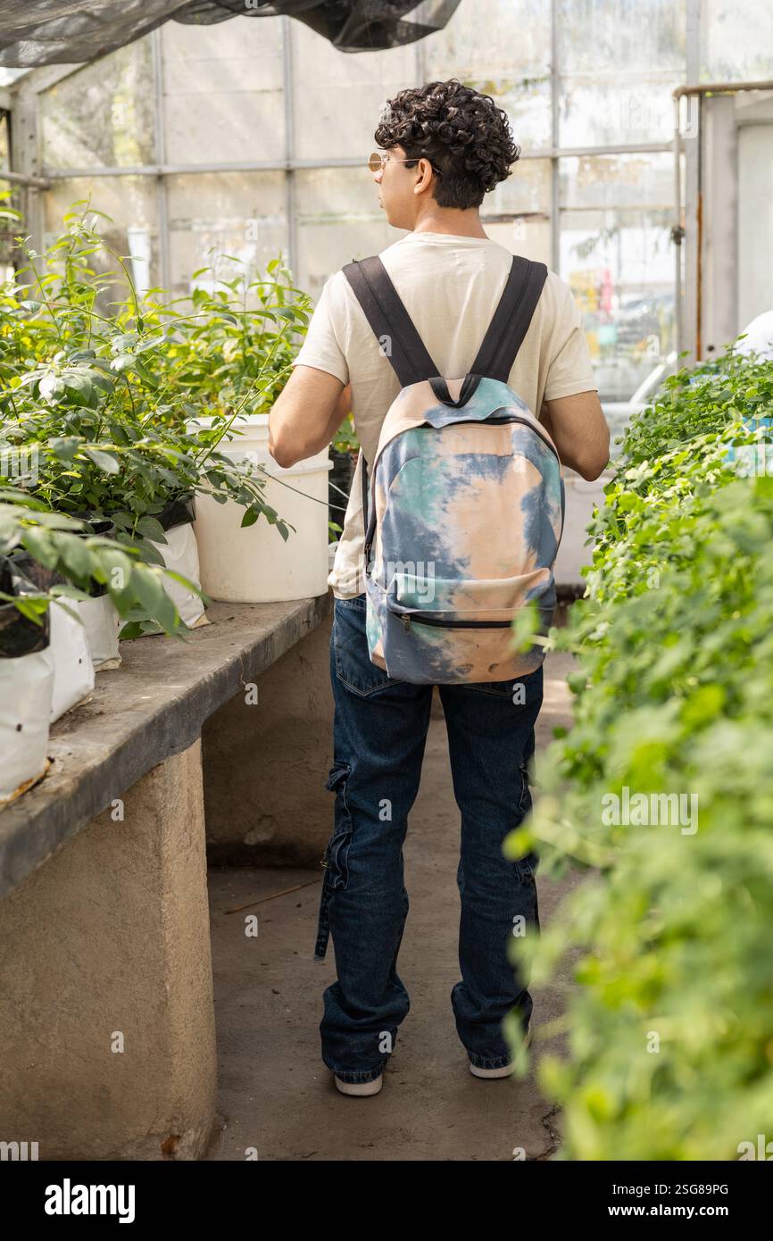 Un jeune homme debout au milieu des plantes luxuriantes par une journée ensoleillée et chaude, profitant de la chaleur et de la nature. Parfait pour les thèmes du style de vie en plein air, été, nature, Banque D'Images