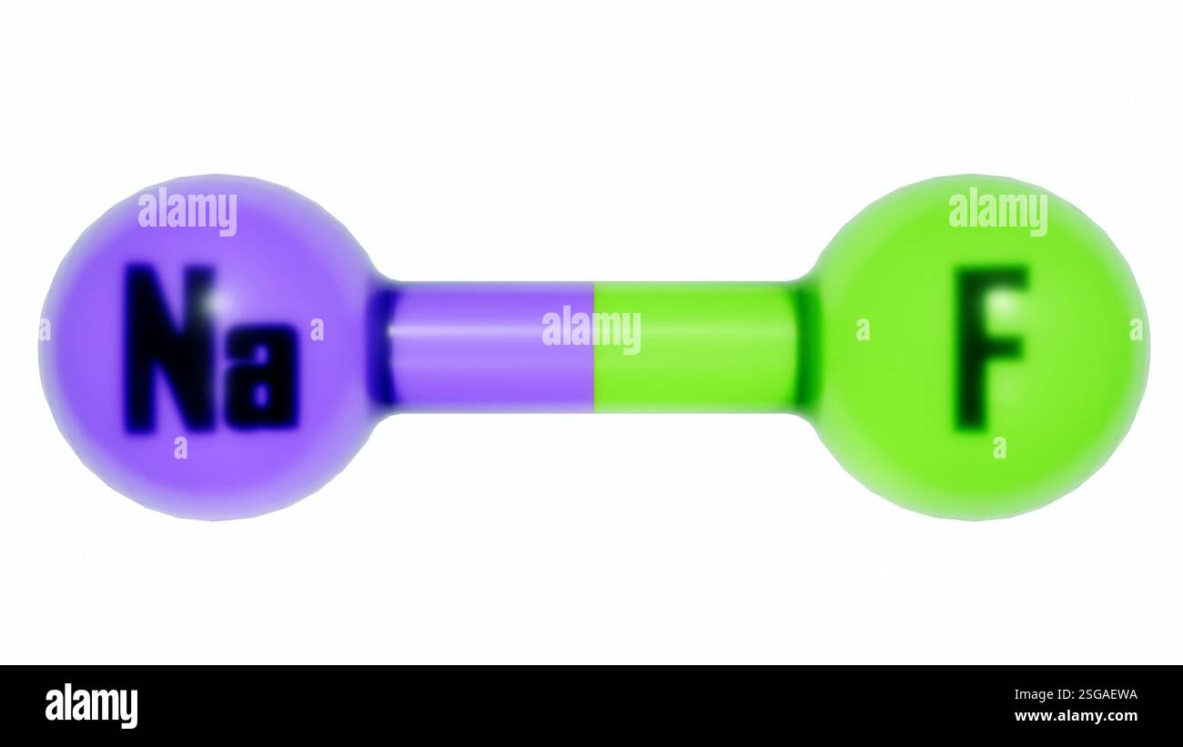 Rendu 3d de fluorure de sodium ou de molécule NaF. C'est un composé inorganique utilisé en petites quantités pour prévenir la carie dentaire. Banque D'Images