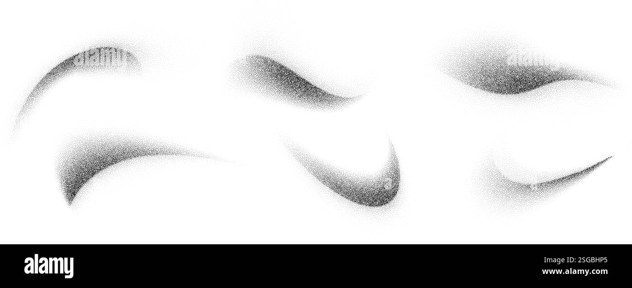 Collection de coups de pinceau courbes pointillés. Ensemble d'éléments de pulvérisation à grains ondulés. Pack éclaboussures de sable noir. Faisceau d'ombres à gradient de bruit en pointillé. Ondes de texture de particules de poussière éclaboussées. Vecteur Illustration de Vecteur