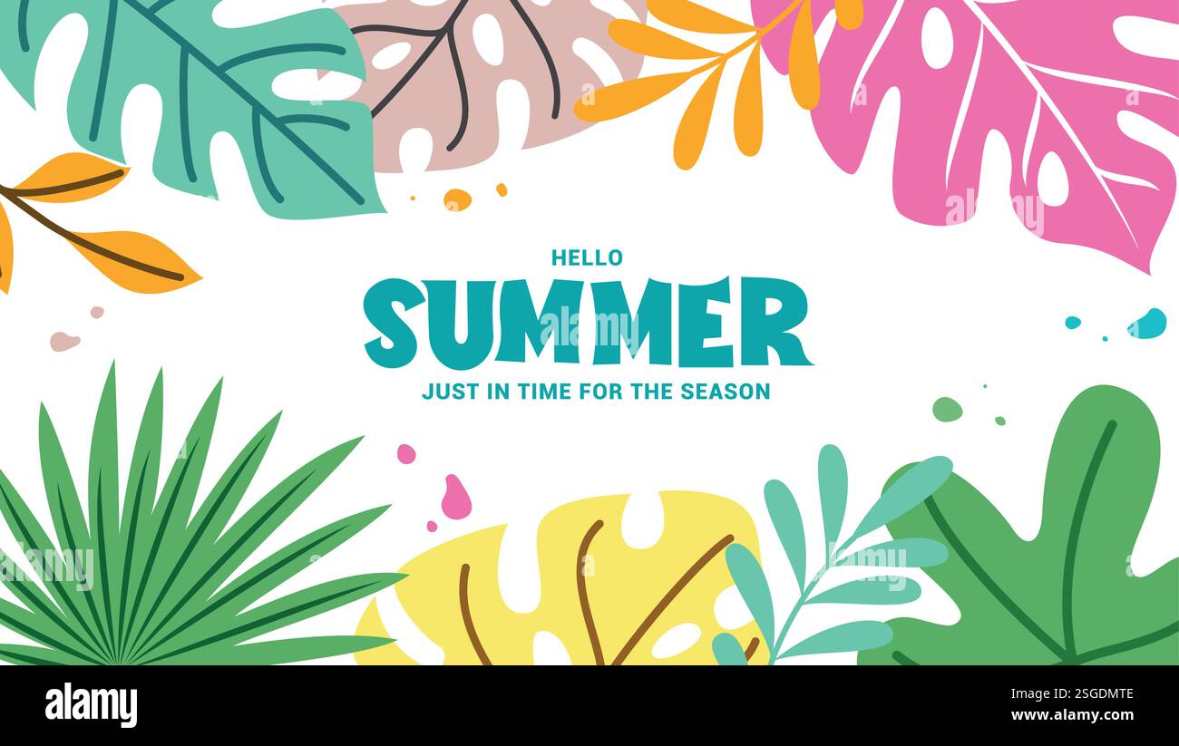 Bonjour le fond de clipart de salut d'été. Feuilles tropicales d'été dans le dessin abstrait coloré clip art pour l'illustration vectorielle de carte de vacances. Illustration de Vecteur