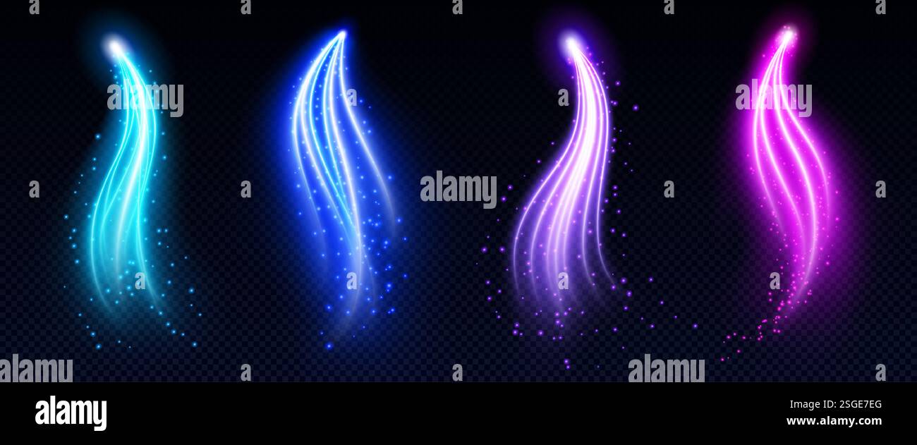 Flèches lumineuses magiques serties de particules scintillantes - lignes courbes lumineuses au néon en bleu, violet, rose sur fond sombre. Effets de faisceau mystique lumineux pour la conception d'interface de jeu fantastique. Illustration de Vecteur