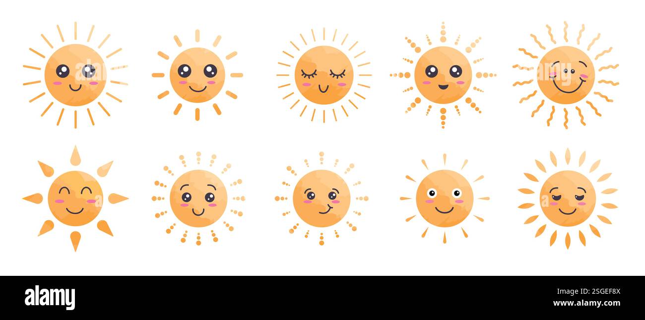 Sun Happy Characters dessin clipart set. Sun emoticon icône clip art dans la collection souriante, drôle, ludique et joyeuse d'éléments graphiques de visage mignon Illustration de Vecteur
