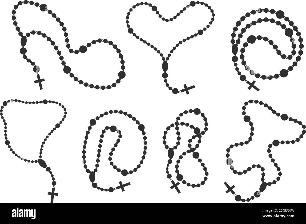 Perles de chapelet catholique. Collier chrétien avec croix isolé sur fond blanc. Chaîne de prière avec crucifix. Ensemble de silhouettes de bijoux religieux Illustration de Vecteur