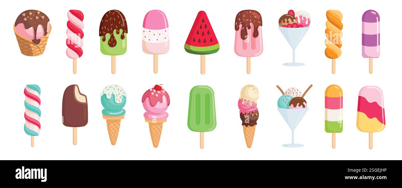 Popsicle dessinant ensemble de cliparts colorés. Collection d'éléments de dessert d'icône d'été de crème glacée dans le vecteur de produits laitiers délicieux, doux et laitiers Illustration de Vecteur