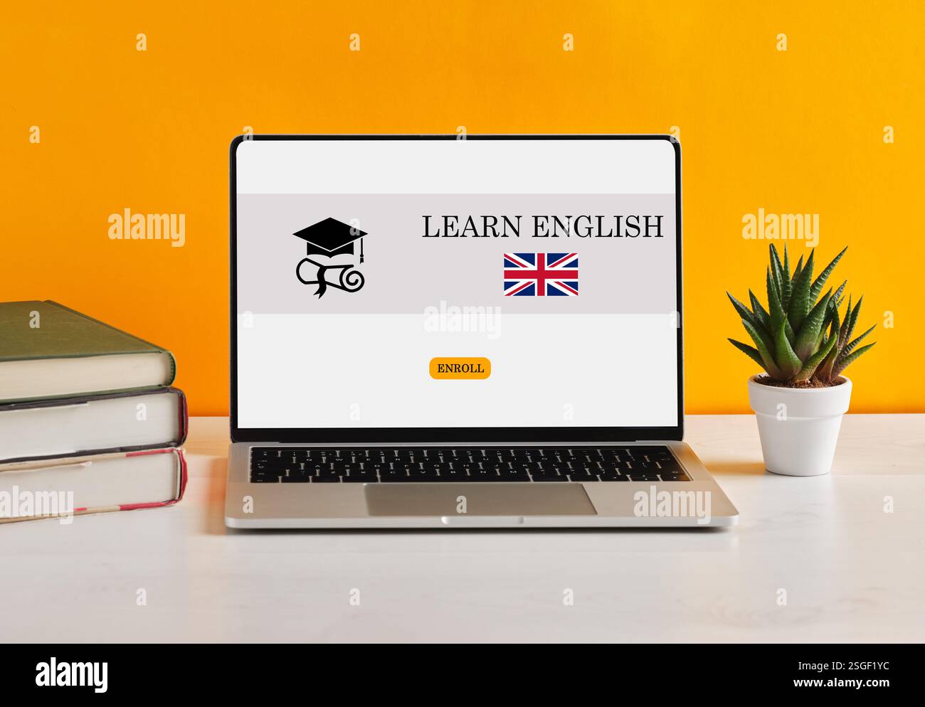 Ordinateur portable affichant un site Web d'apprentissage de l'anglais. Apprentissage de la langue anglaise et concept d'éducation en ligne. Banque D'Images