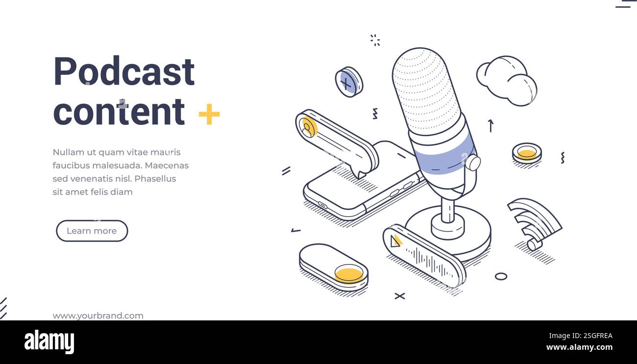 Contenu de podcast bannière web moderne de dessin au trait, modèle de page de destination. Microphone entouré d'icônes audio. Communication en ligne et créativité a Illustration de Vecteur