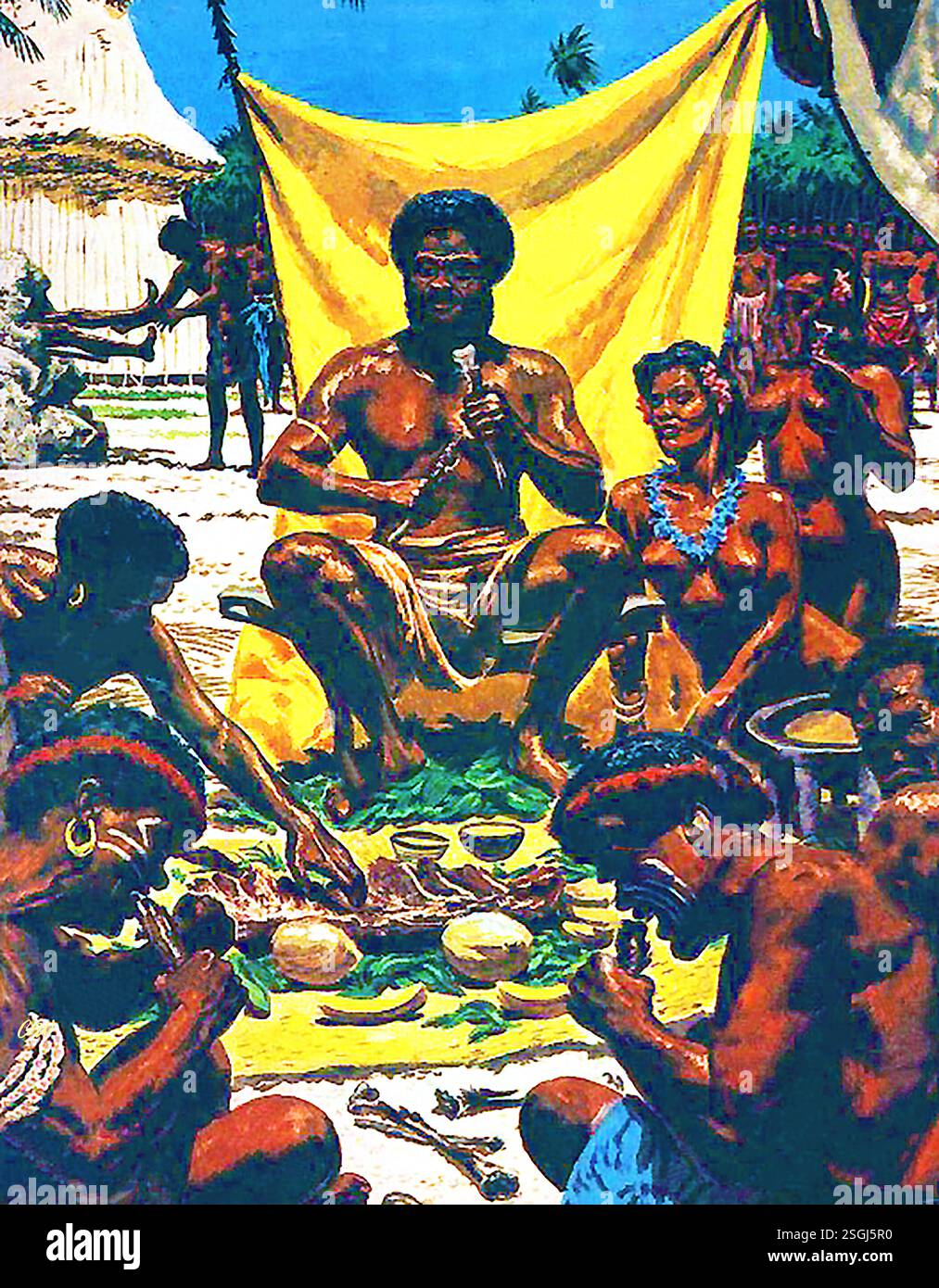 Une première impression d'artiste du roi cannibale - Ratu Seru Epenisa Cakobau (Cakobau) Roi des Fidji prenant part à une fête cannibale -- me vaka ni turaga ni Viti, tui, ka Vunivalu (turaga ni valu) e vakaduavataki ira na veimataqali vakavanua me tauyavutaki kina e dua na matanitu duavata ni Viti. Banque D'Images
