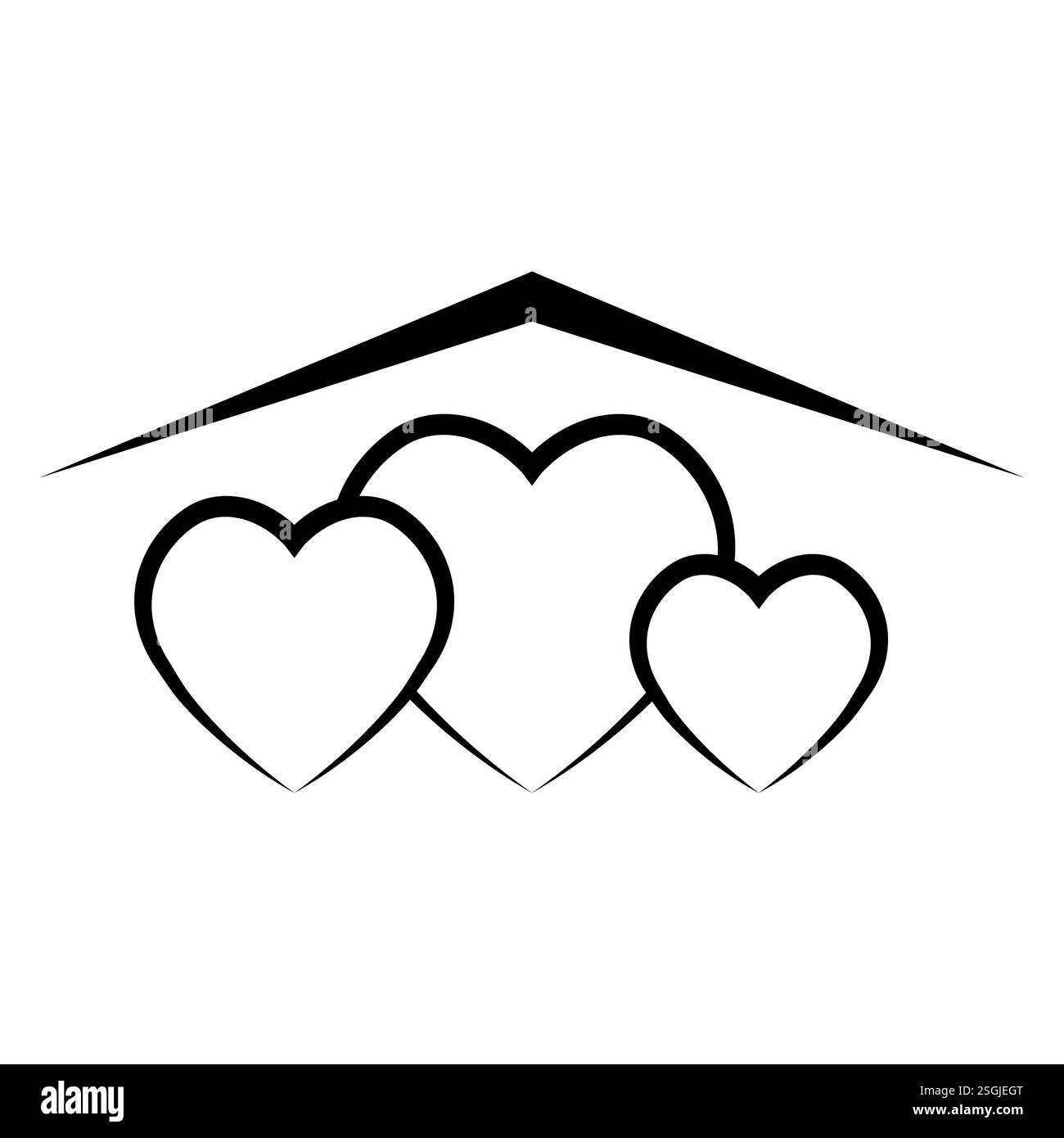 Maison avec trois coeurs sous la maison de famille, amour coeur toit Illustration de Vecteur