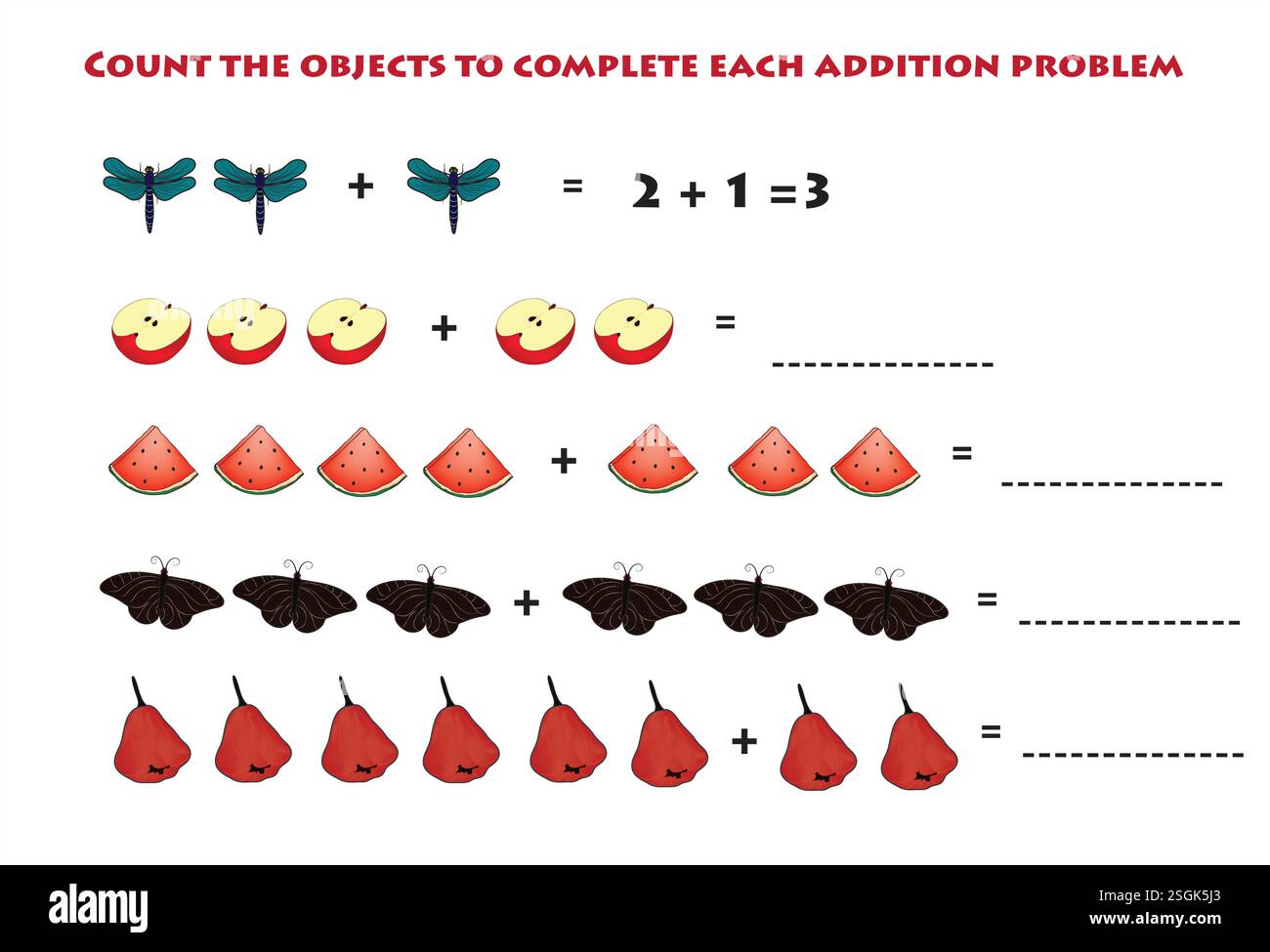 Comptez les objets pour terminer chaque problème d'ajout Illustration de Vecteur