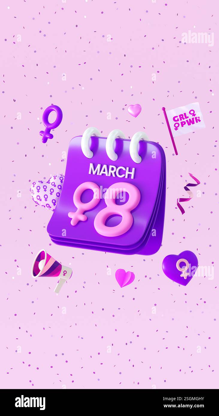 La Journée internationale de la femme sur les médias sociaux affiche un arrière-plan avec un calendrier violet du 8 mars, des symboles féministes, des coeurs et un espace de copie en illustration 3D. Banque D'Images