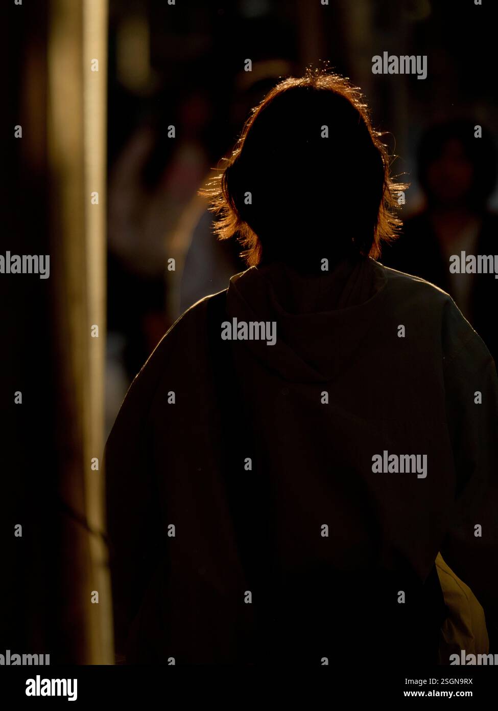 Silhouette d'une personne marchant dans un environnement urbain faiblement éclairé. Tokyo, Japon Banque D'Images