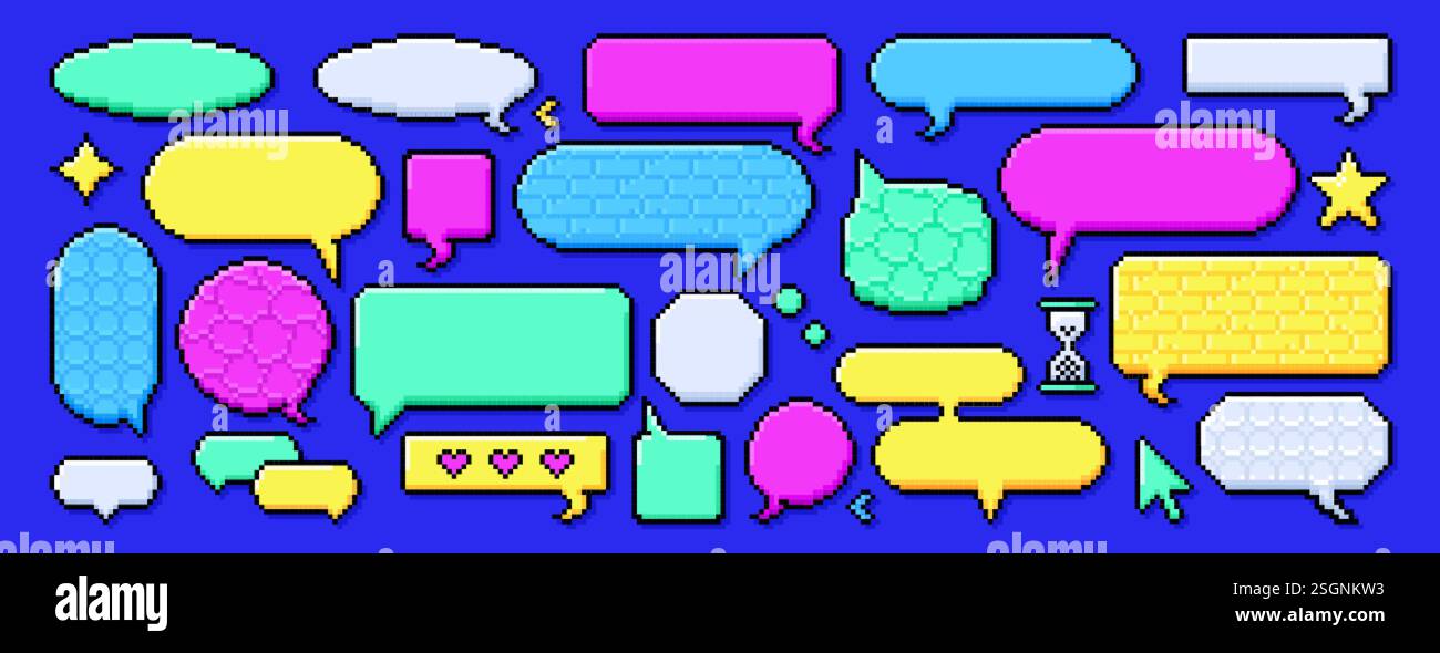 Pixels boîtes de dialogue différentes formes définies sur fond bleu. Bulles de dialogue de chat, cadres de message pour le texte ou boîte de dialogue vide de communication dans le style rétro 8 bits. Icônes de pensée pixellisées aux couleurs éclatantes Illustration de Vecteur