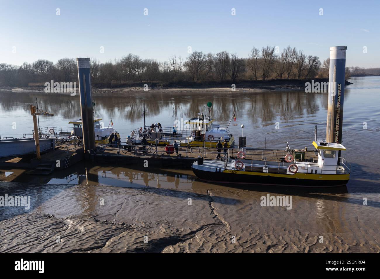 SINT AMANDS, BELGIQUE, 2 FÉVRIER 2025 : les ferries fluviaux font partie du service de transport public gratuit sur l'Escaut, amarrés à l'embarcadère de Sint Am Banque D'Images