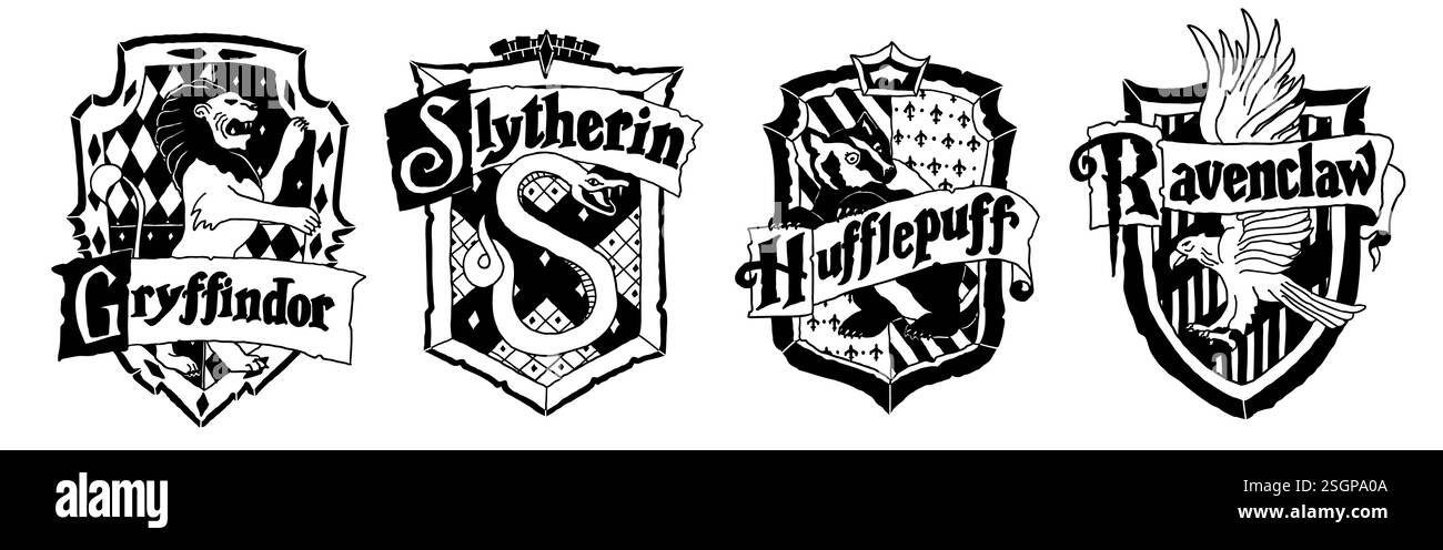 Collection de logo Harry Potter dans le style doodle. Gryffindor, Slytherin, Ravenclaw et Hufflepuff. École magique de sorcellerie et de sorcellerie. Vecteur illustr Illustration de Vecteur