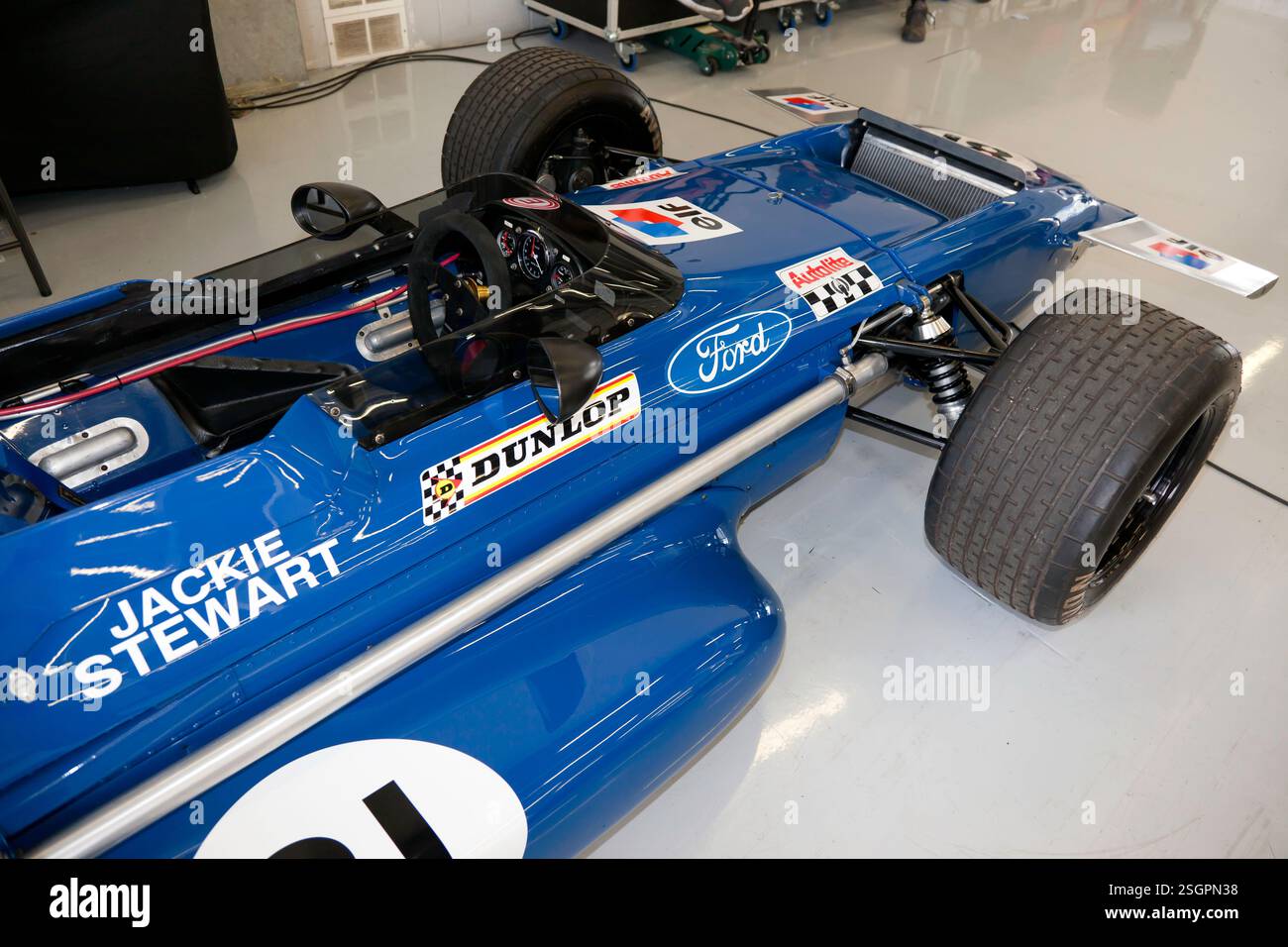 Vue du cockpit de Jackie Stewart 1970 701 Mars, de Formule Un voiture dans laquelle il a remporté le Grand Prix d'Espagne. Banque D'Images