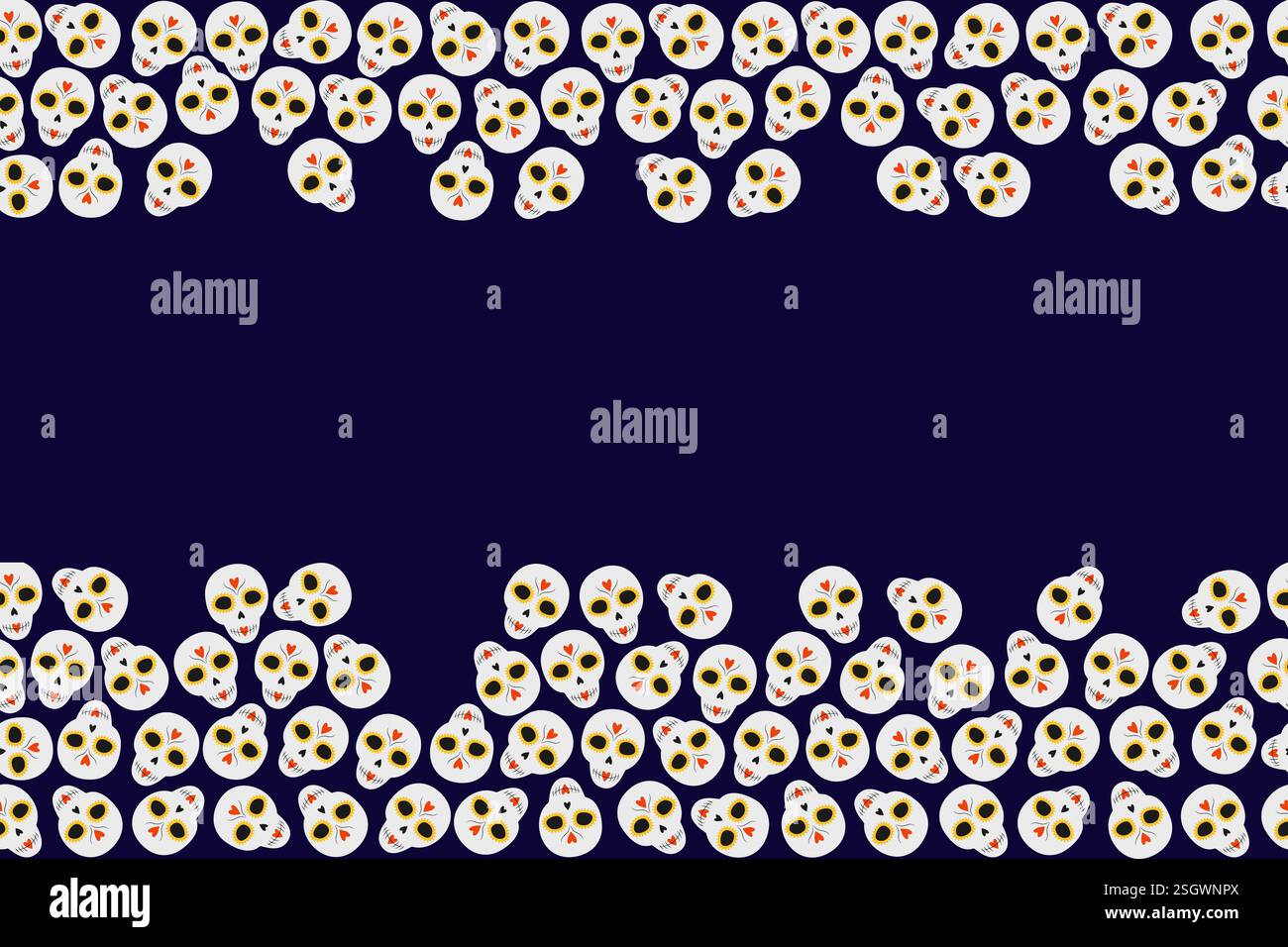 Sugar Skulls Haut et bas cadre rectangulaire décoratif bordure jour de l'espace de copie morte modèle. Illustration vectorielle isolée cartes de voeux ou d'invitation, affiche ou bannière promotionnelle web, dépliant, étiquette Illustration de Vecteur