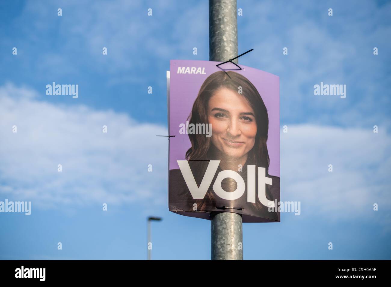 Berlin, Allemagne. 10 février 2025. Une affiche électorale du nouveau petit parti marginal « Volt » présente son chef de parti, Maral Koohestanian. Le parti participe à la campagne officielle des élections fédérales allemandes (Bundestagswahl) de 2025. Banque D'Images