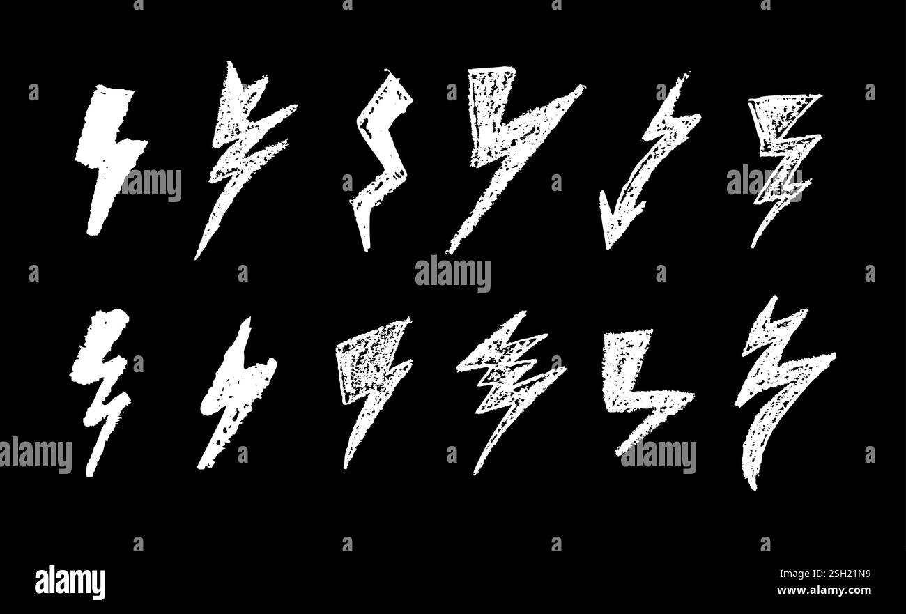 Ensemble de foudre par dessin de stylo de cire. Collection de craie de dessin à la main , panneaux éclair lumineux, boulons de tonnerre Doodle, éléments de conception de couleur blanche. Graffiti Illustration de Vecteur