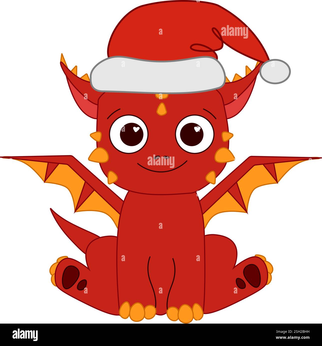 Un vecteur de ligne graphique de dessin animé mignon dragon rouge dans un chapeau de Père Noël. Illustration animale du nouvel an sur fond blanc. Lanterne chinoise du nouvel an lunaire 2036 Illustration de Vecteur