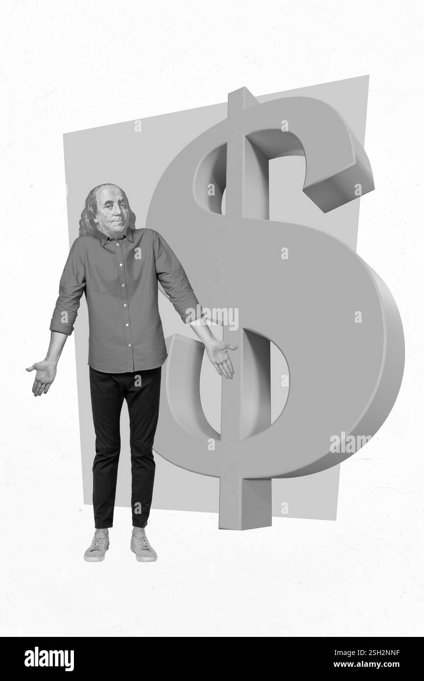 Tendance créative bannière collage de type douteux avec franklin tête hausser les épaules nul savoir réduction d'argent faillite Banque D'Images