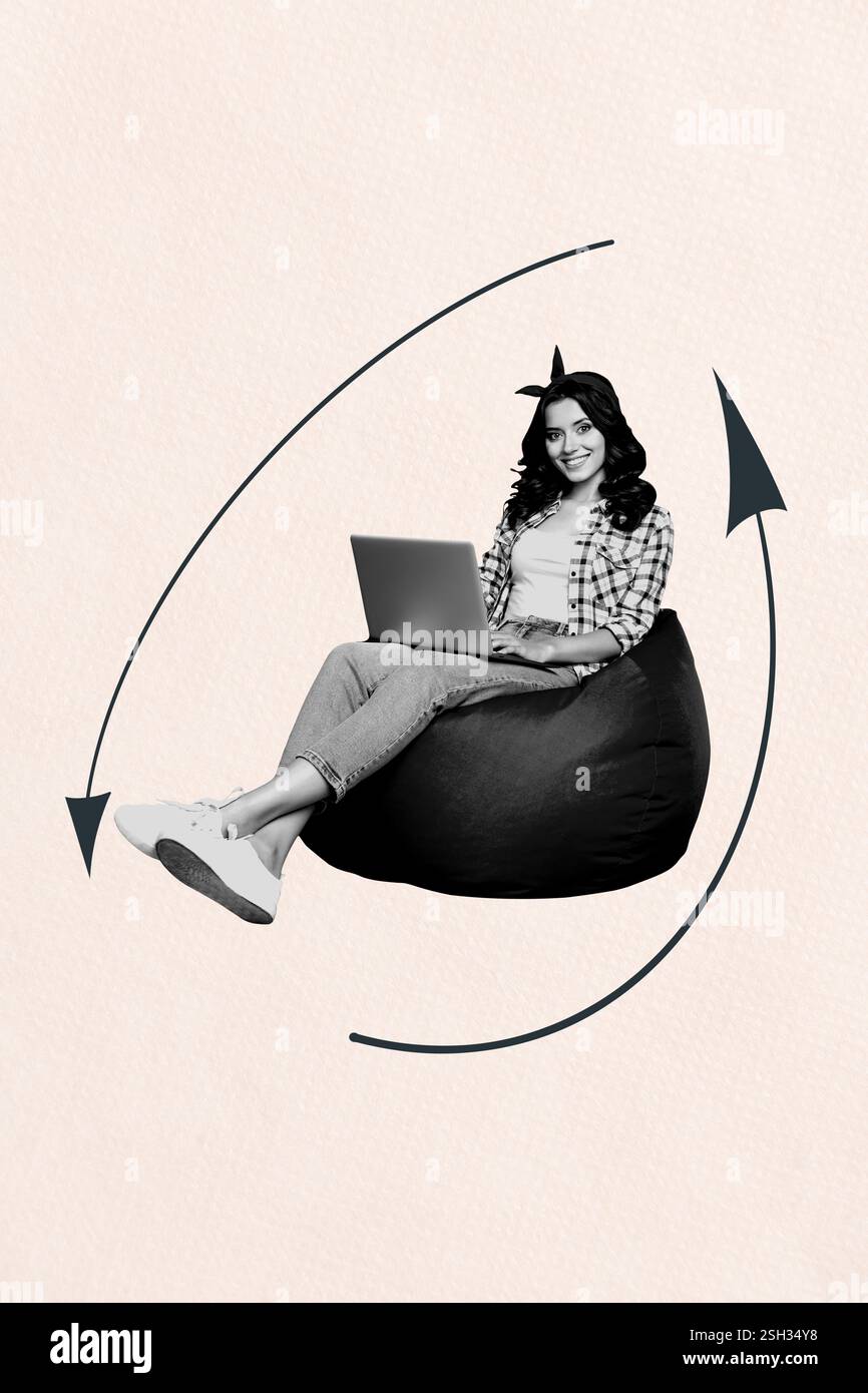 Illustration de modèle d'esquisse de tendance de collage de photos 3D de l'ordinateur portable de travail de jeune dame SIT Beanbag flèche cycle emploi de l'espace de travail des ressources humaines d'affaires Banque D'Images
